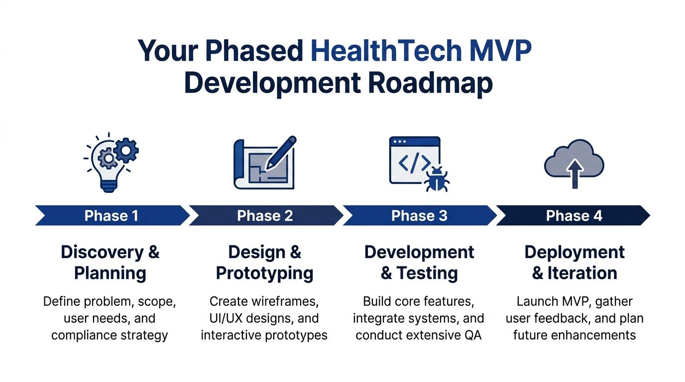 A four-phase roadmap chart detailing the process of developing a HealthTech MVP from discovery to deployment.