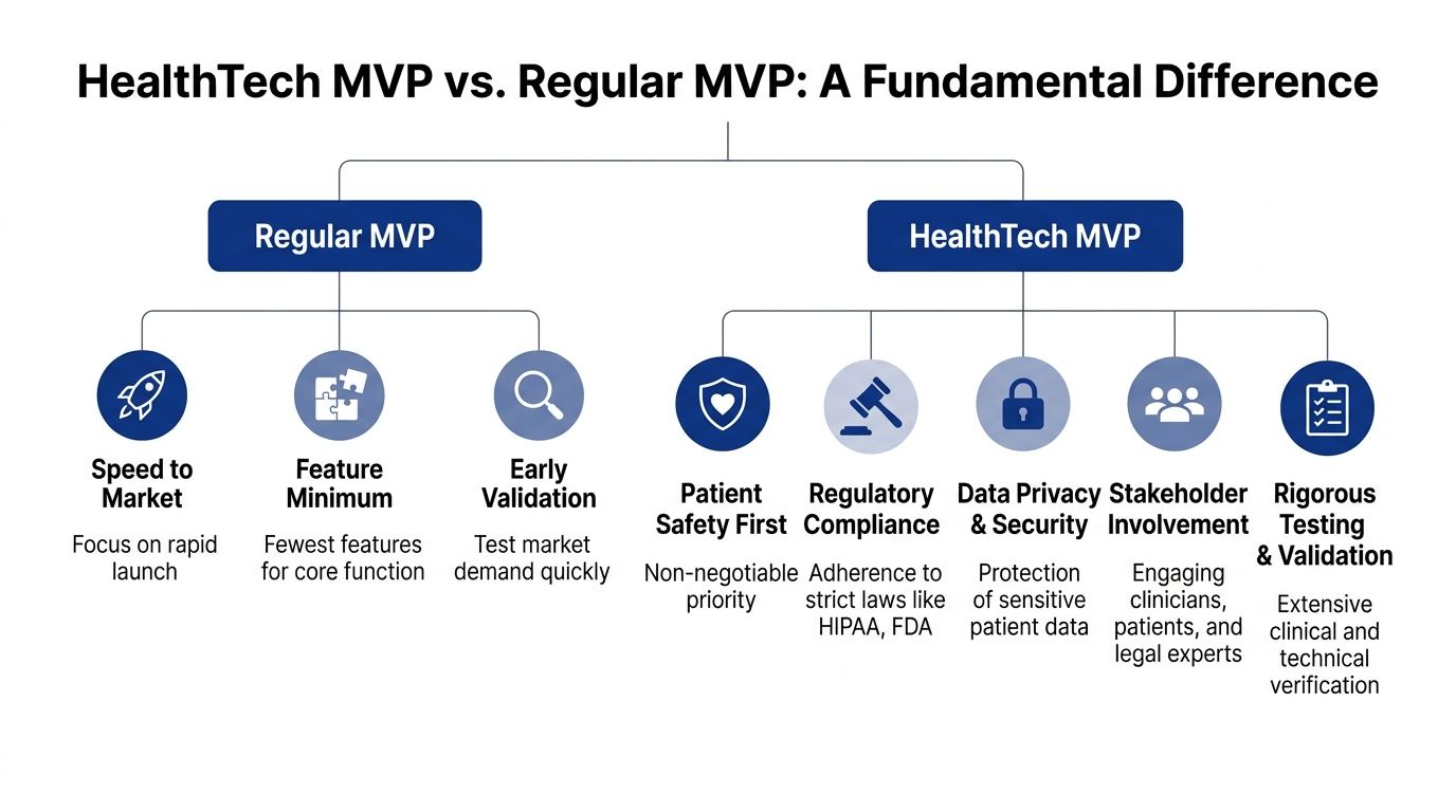 A diagram comparing the development priorities of a standard MVP against a specialized HealthTech MVP approach.
