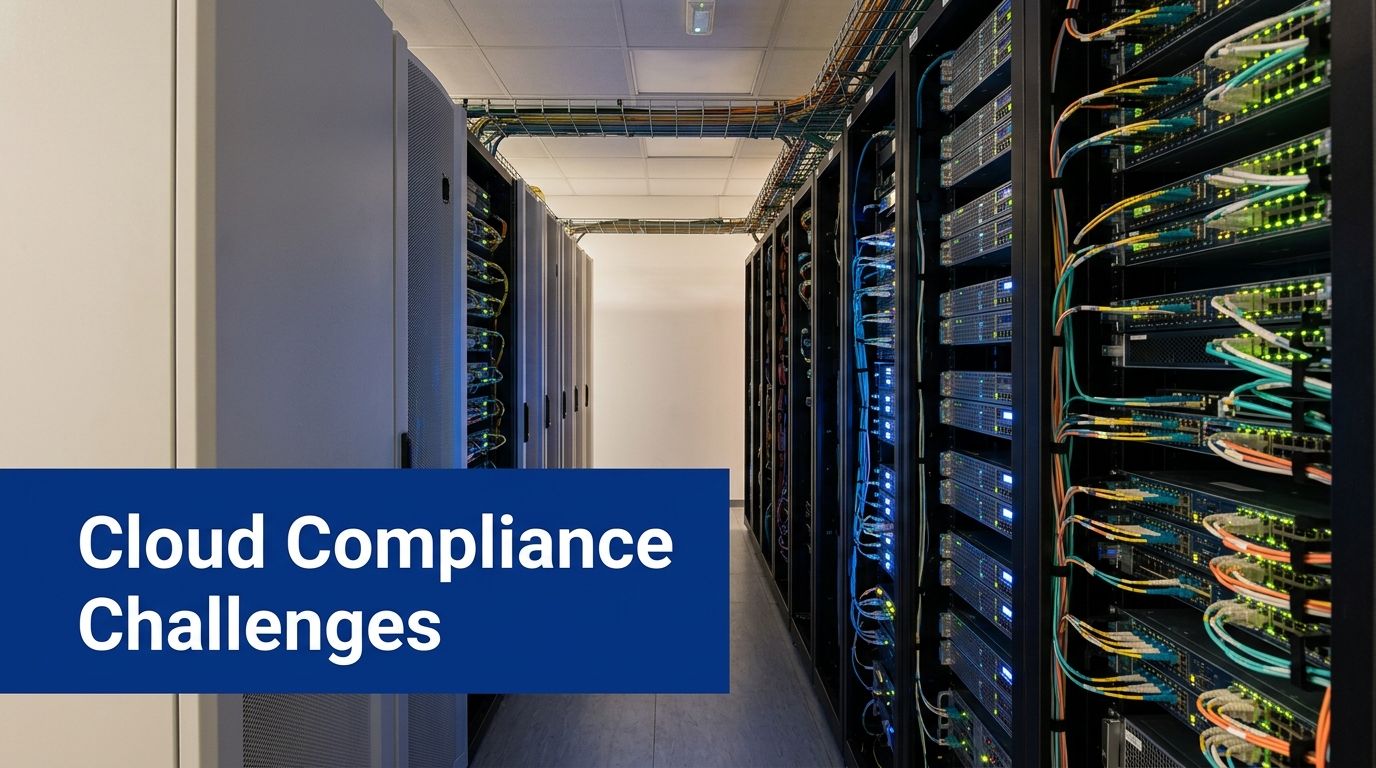 A modern data center server room with high-performance networking equipment and blue text stating Cloud Compliance Challenges.