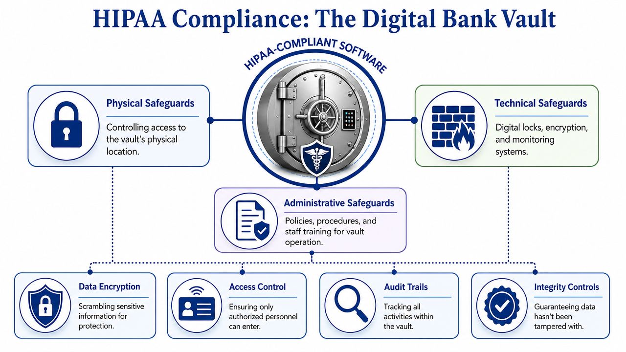 A diagram illustrating HIPAA compliant software concepts including physical, technical, and administrative security safeguards.