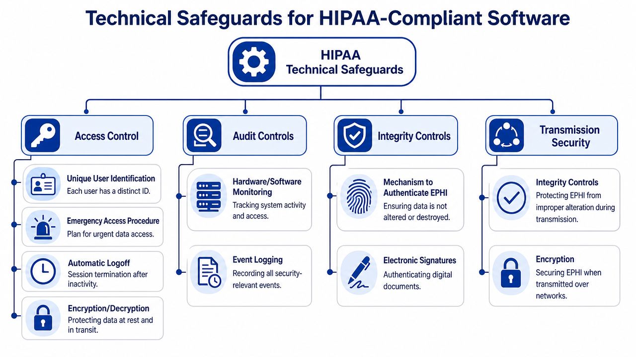 A diagram outlining the four primary technical safeguards for HIPAA-compliant software: Access Control, Audit Controls, Integrity Controls, and Transmission Security.