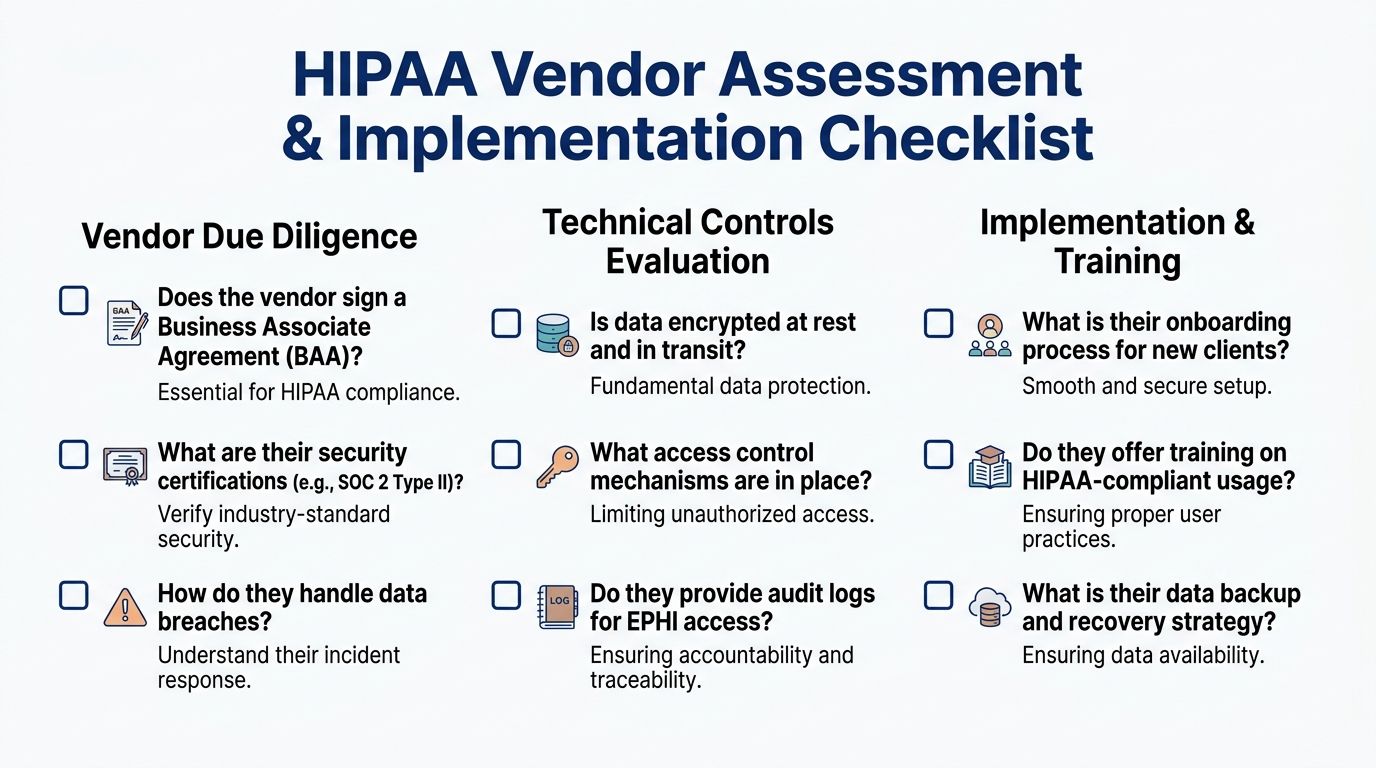 A HIPAA vendor assessment and implementation checklist infographic with three categories for evaluating healthcare compliance security.