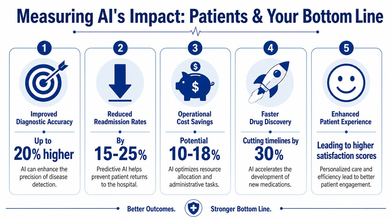 An infographic detailing five ways artificial intelligence impacts patient outcomes and healthcare financial performance.