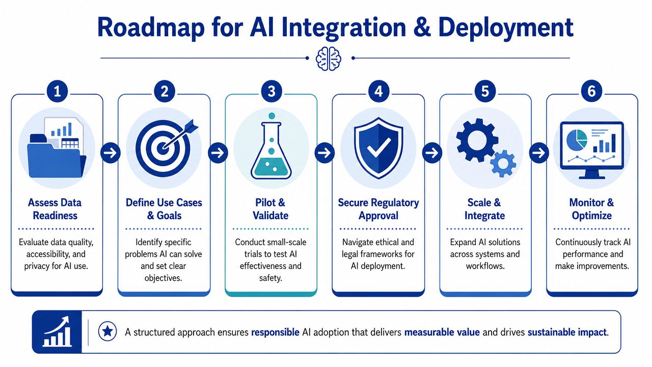 A six-step roadmap graphic illustrating the process for integrating and deploying artificial intelligence solutions in organizations.
