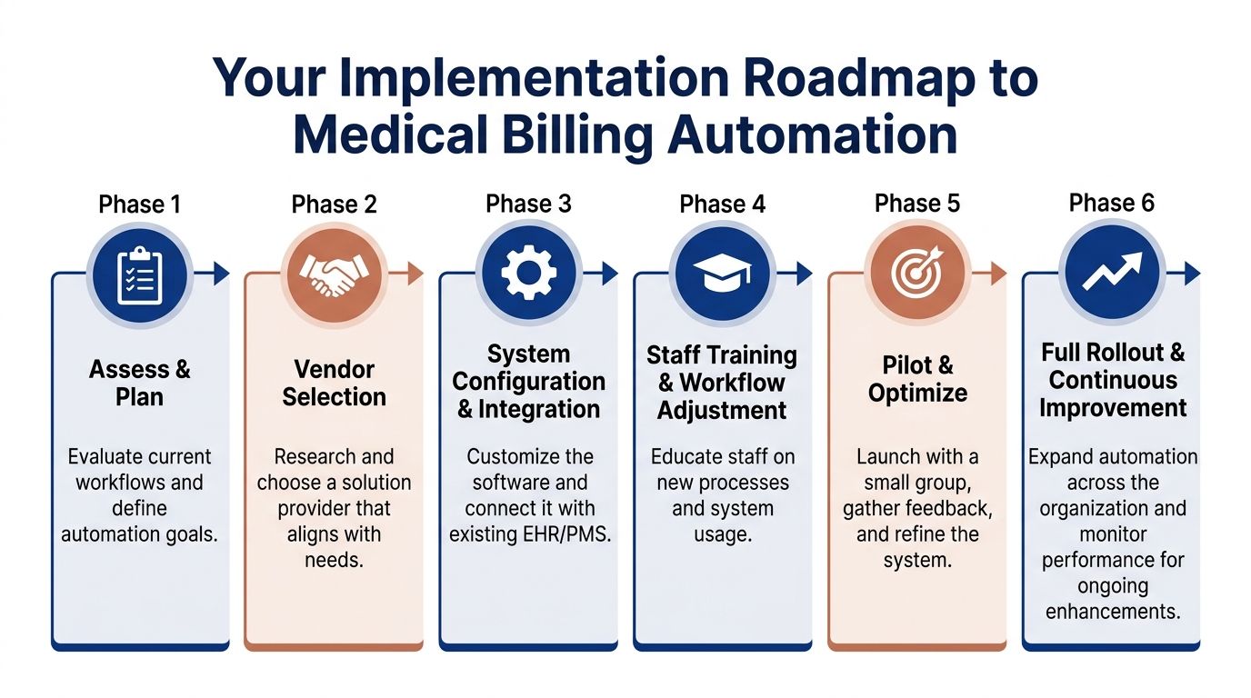 A six-phase roadmap infographic illustrating the steps for implementing medical billing automation in a healthcare organization.