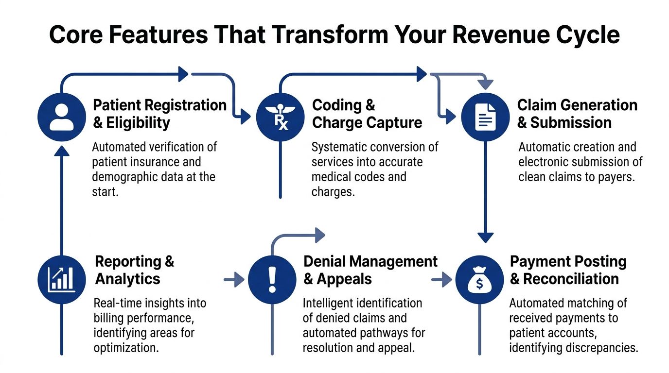 A diagram illustrating the revenue cycle management process including registration, coding, billing, denials, and payment reconciliation.