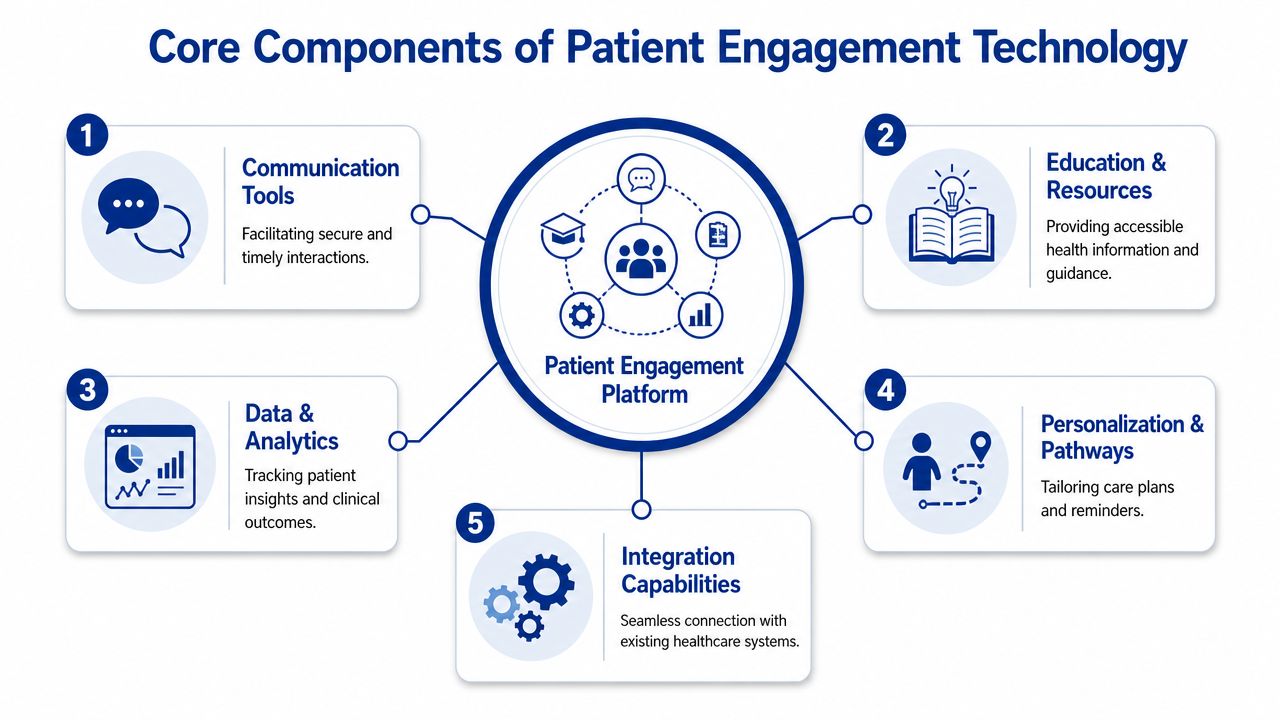 A diagram outlining the five core components of patient engagement technology centered around a central platform.