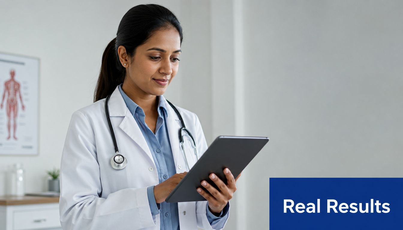 A professional female doctor wearing a white coat and stethoscope using a digital tablet in her office.
