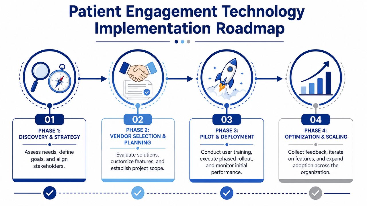 A four-phase patient engagement technology implementation roadmap diagram showing discovery, vendor selection, pilot deployment, and scaling.