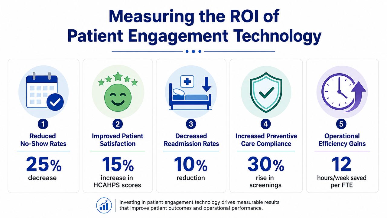 An infographic showing five key benefits of patient engagement technology with measurable performance improvements and efficiency gains.