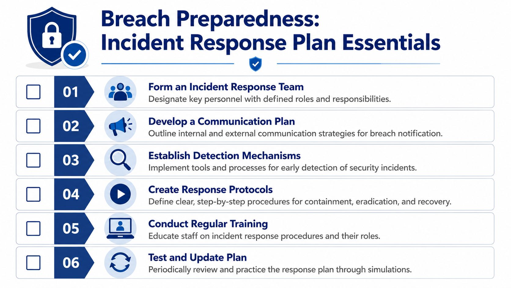 A six-step infographic detailing essential components of a cybersecurity breach preparedness and incident response plan.