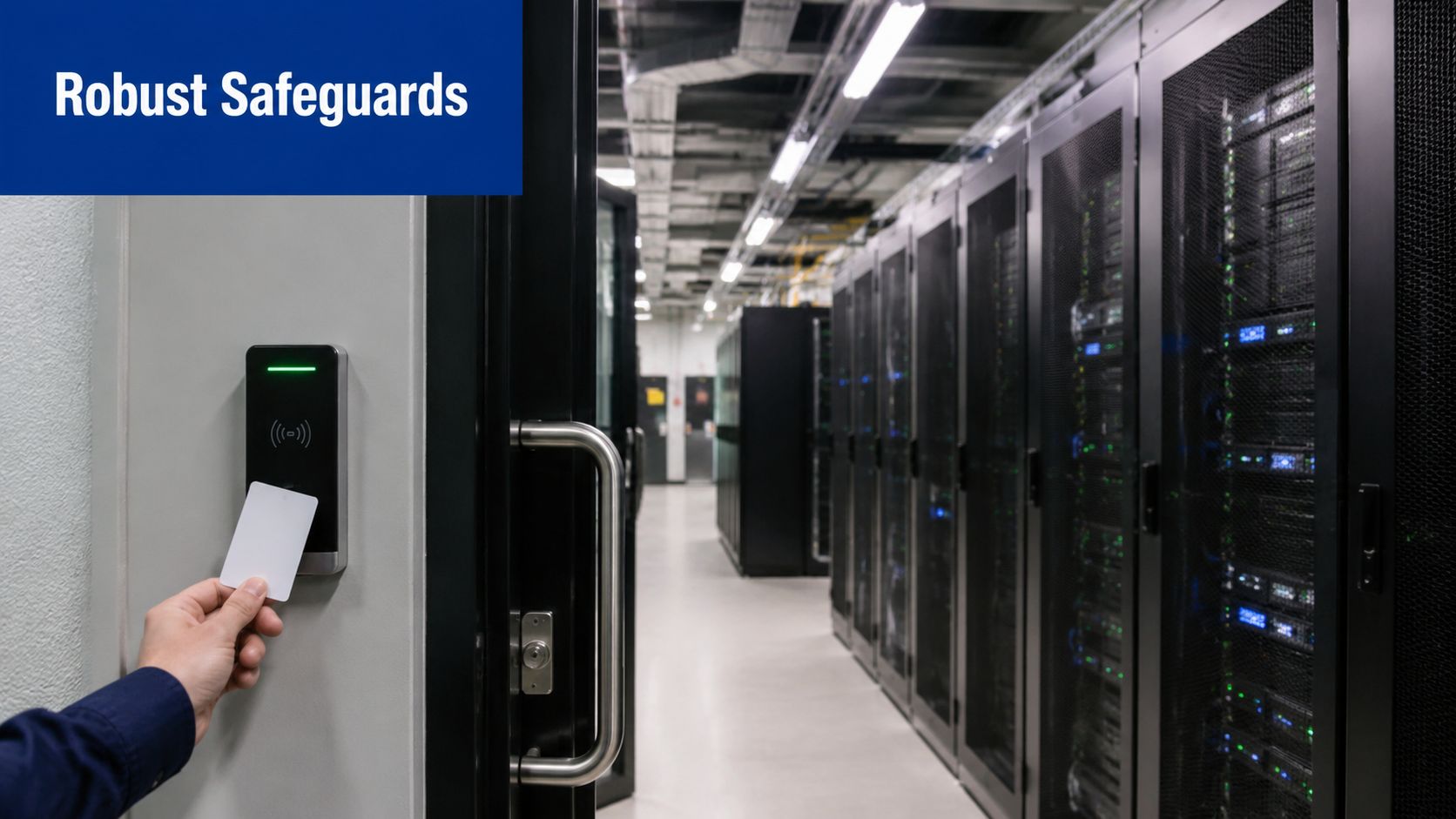 A person using an electronic key card to access a secure data center server room.
