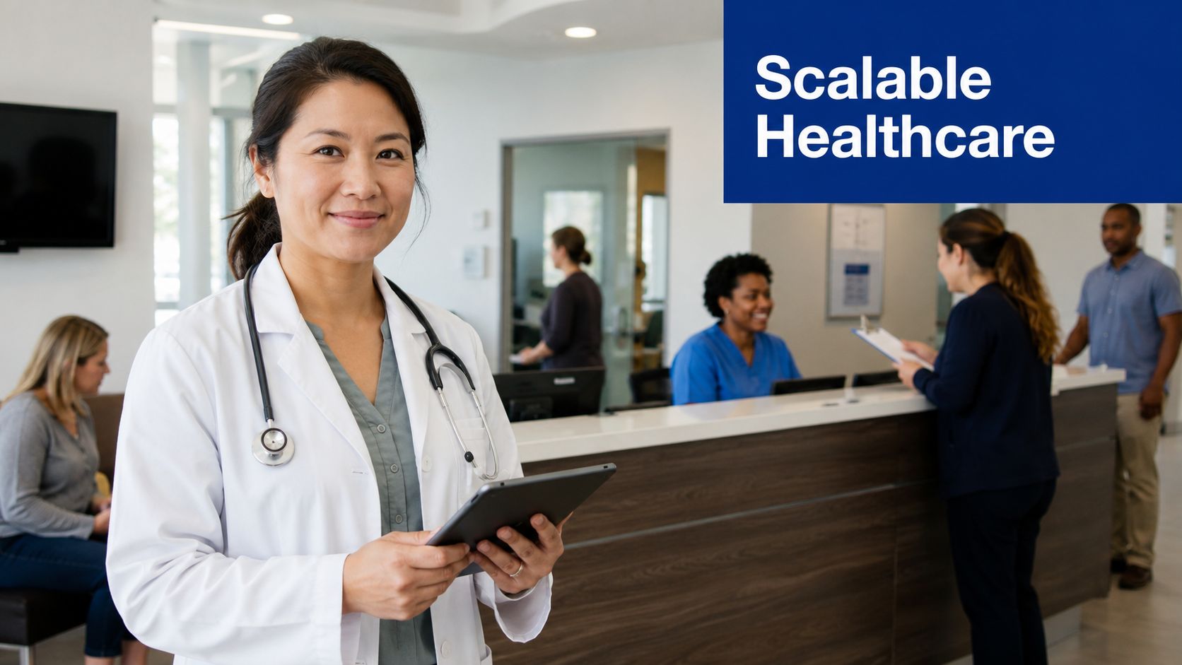 A female doctor with a stethoscope holds a digital tablet in a busy medical clinic reception area.