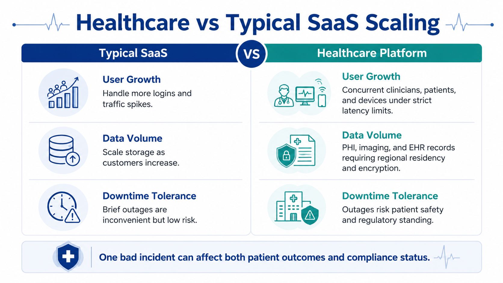 A comparison chart showing how healthcare platform scaling differs from typical SaaS software scaling requirements.