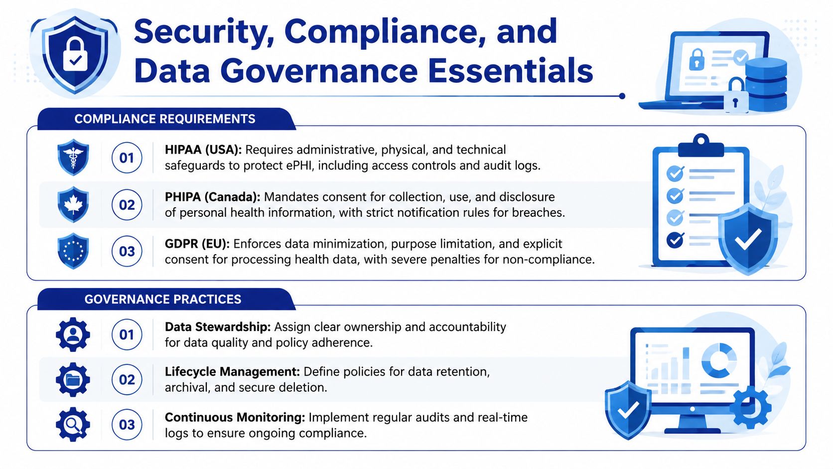 An infographic detailing essential security, compliance regulations, and data governance practices for healthcare systems.