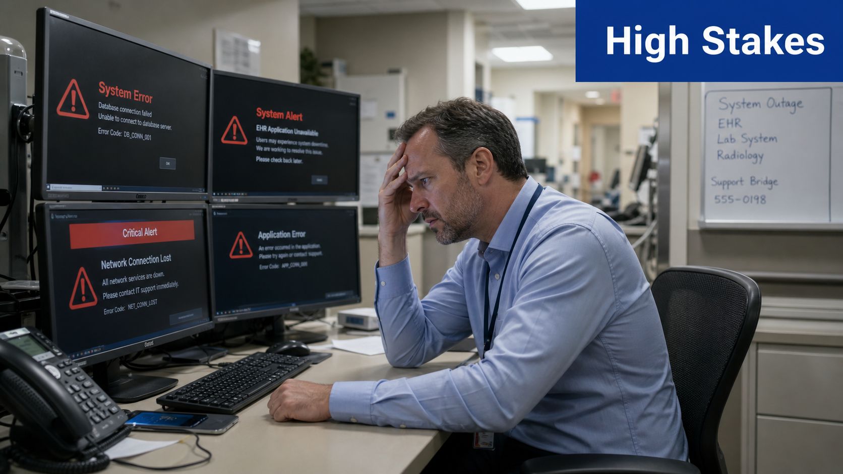 Stressed IT professional at a desk with multiple computer screens displaying critical system error messages.