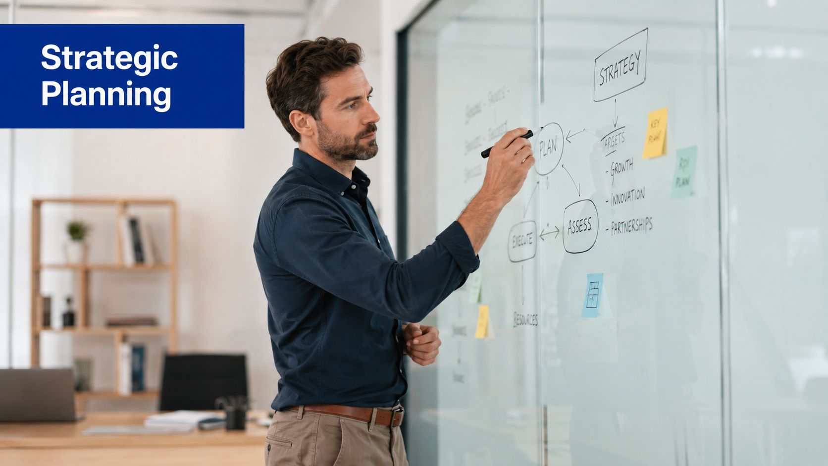 A professional man writing a strategic business plan on a glass wall in a modern office.