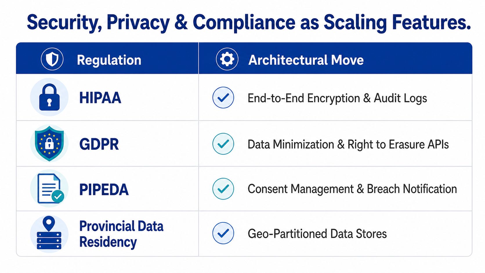 A table outlining various regulations like HIPAA and GDPR matched with corresponding architectural security improvements for software.