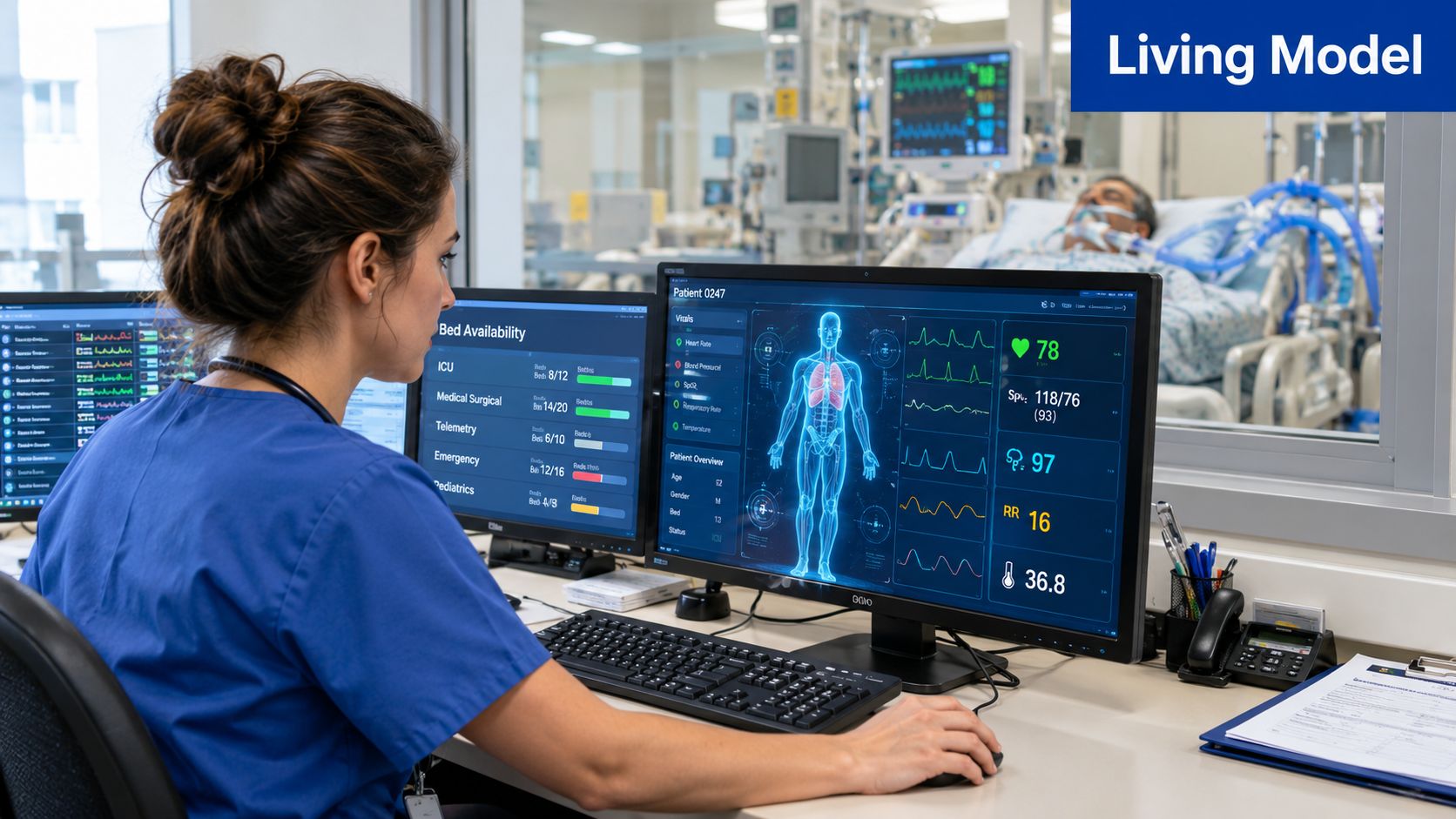 A healthcare professional monitoring a patient's vitals using advanced digital twin technology in a modern hospital room.