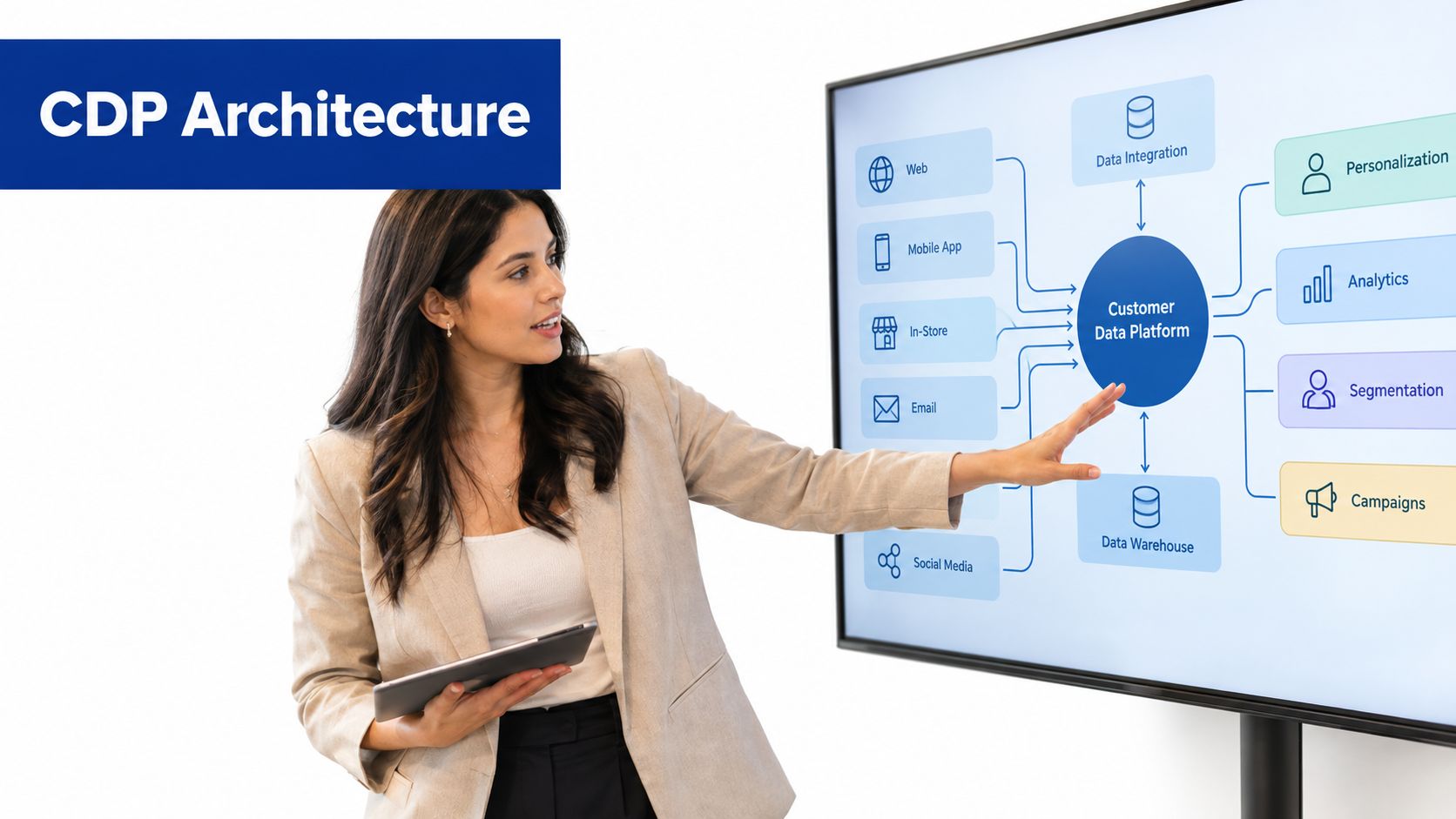 A professional woman presenting a digital diagram of Customer Data Platform architecture on a large screen monitor.