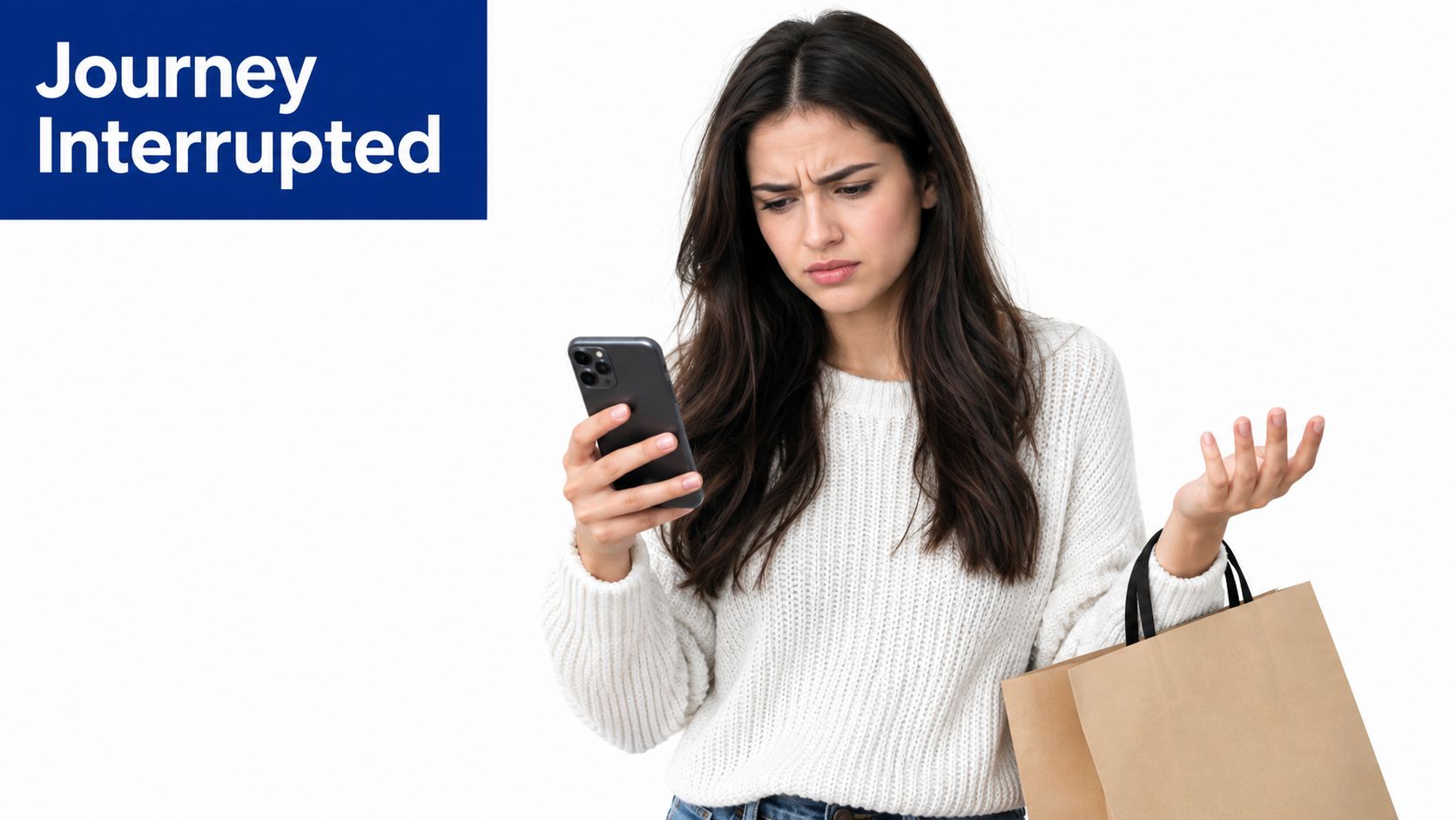 A young woman looking frustrated at her smartphone while holding a shopping bag, signifying a failed online purchase.