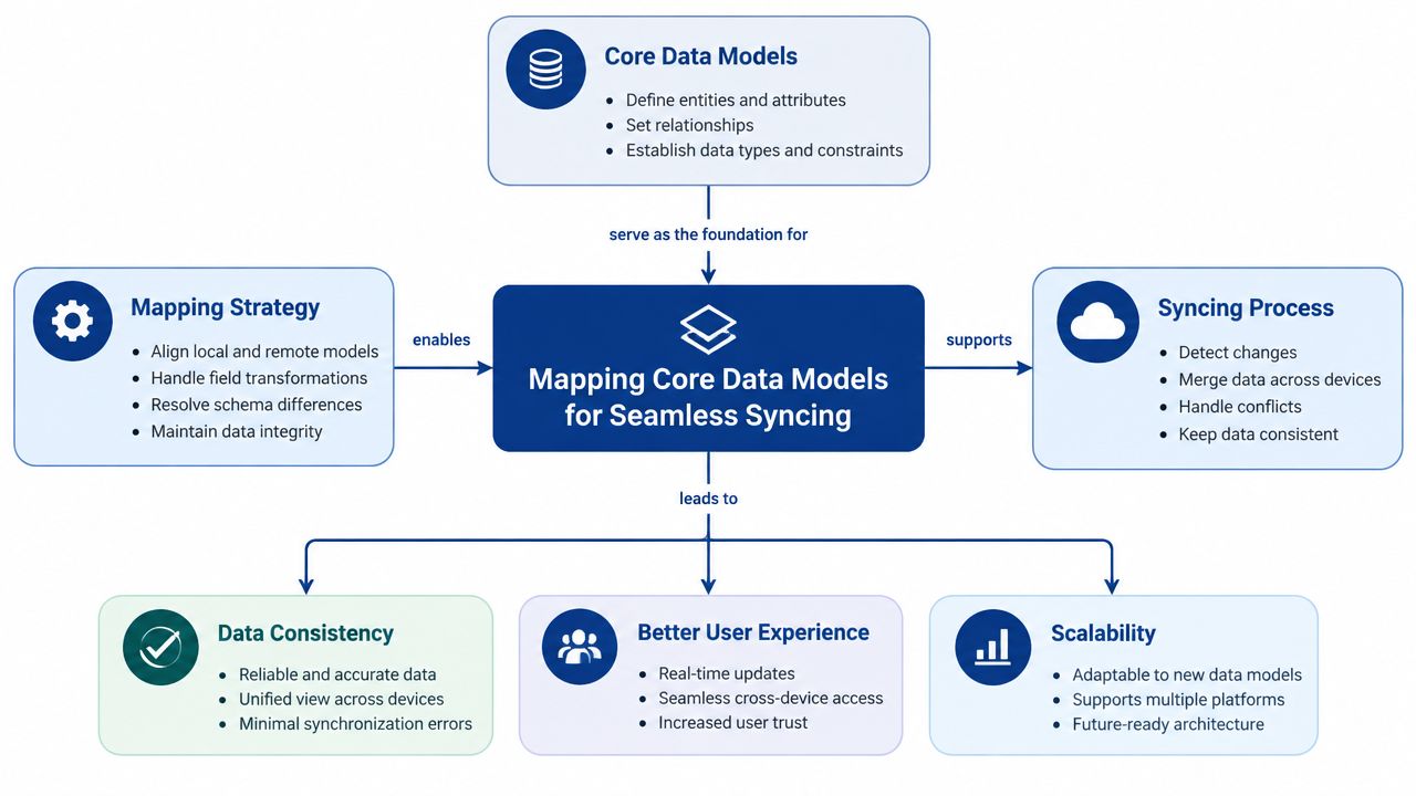A diagram illustrating the core components and benefits of mapping data models for seamless synchronization across devices.