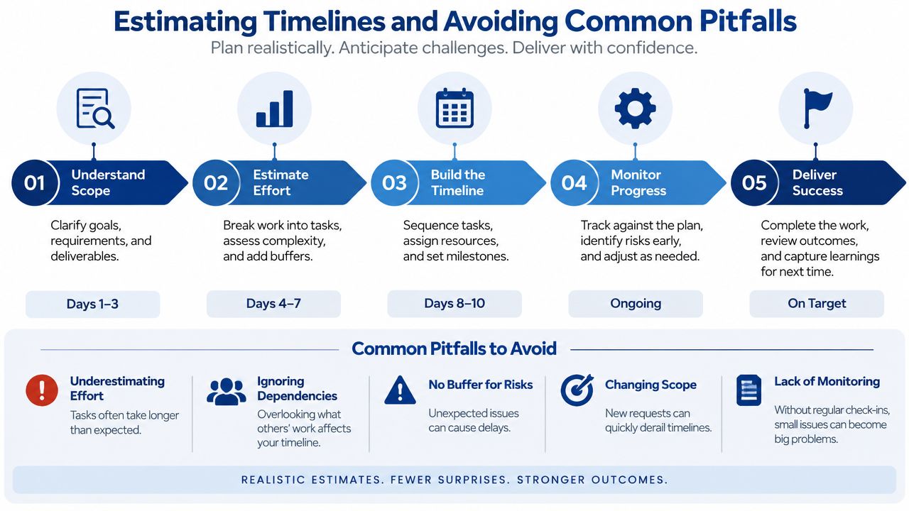A project management infographic showing five steps to estimate timelines and common pitfalls to avoid.