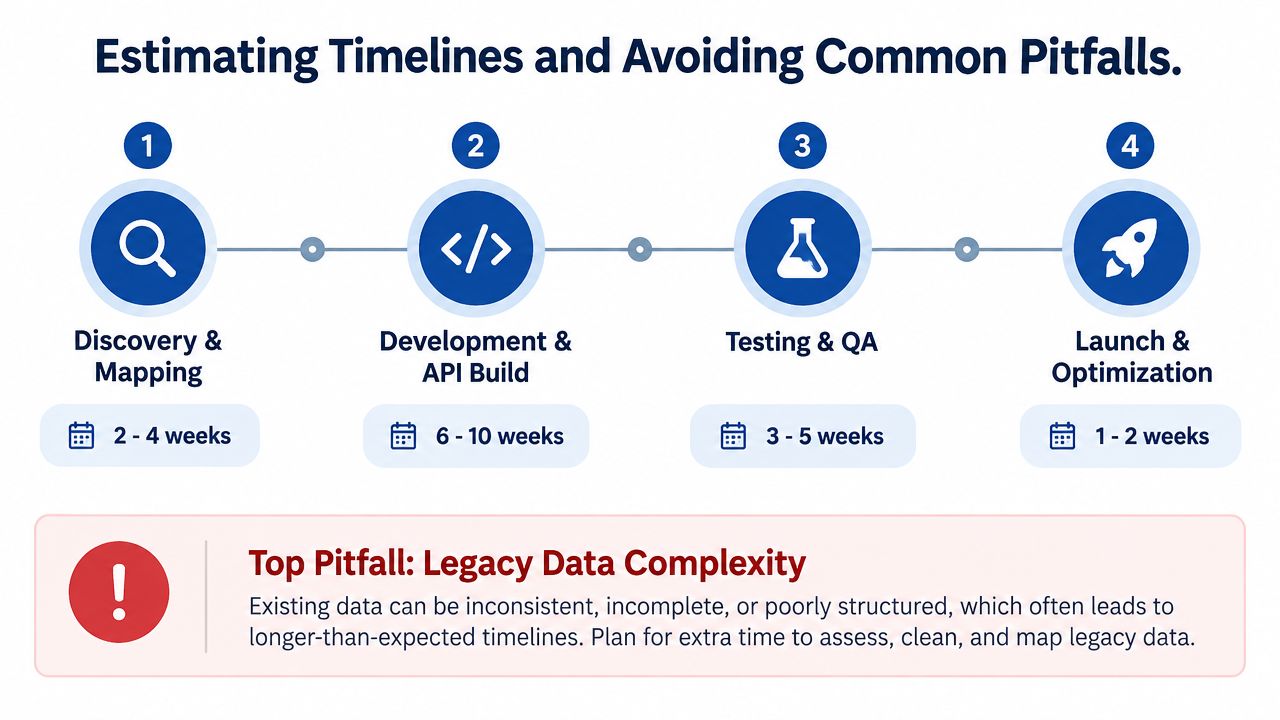 An infographic showing a four-step timeline for system integration and warning about legacy data complexity.