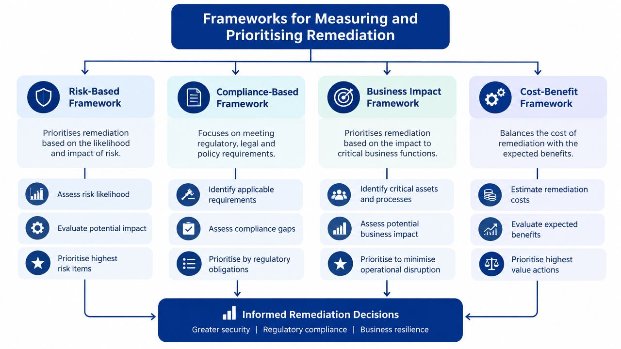 A diagram outlining four frameworks for measuring and prioritizing remediation in IT security and business strategy.