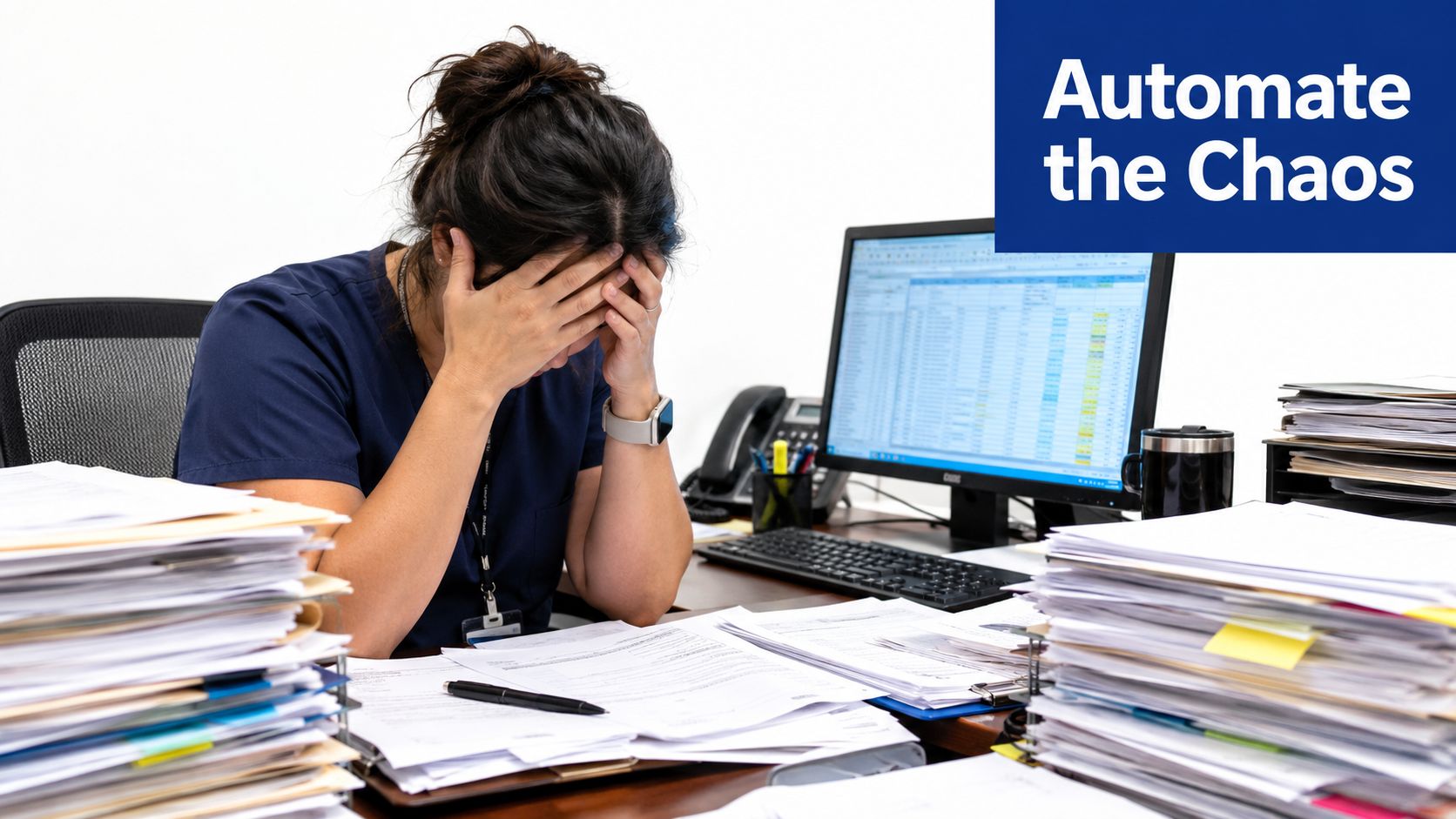 A stressed healthcare worker with her face in her hands, surrounded by large stacks of paperwork.