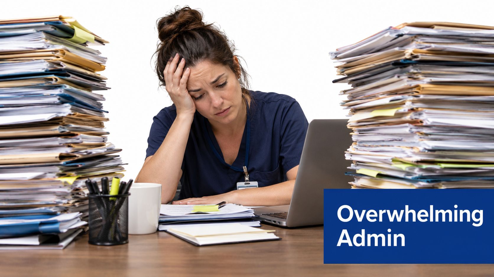 A stressed healthcare worker sits at a desk overwhelmed by two massive piles of paper files.