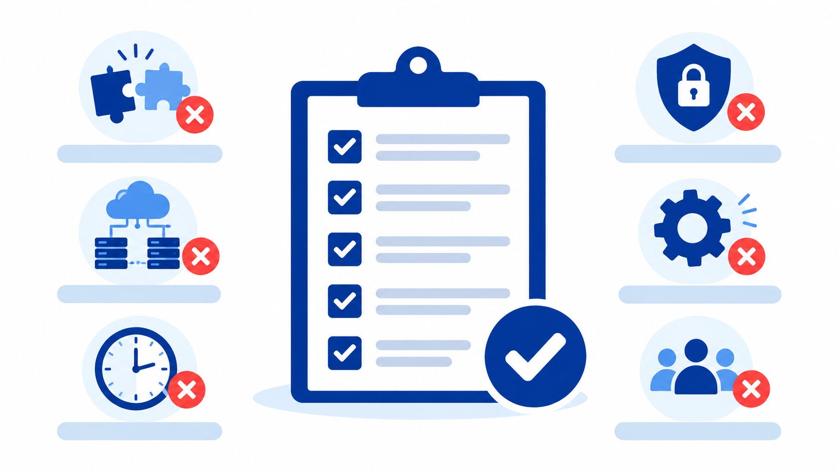 A clipboard with a checklist alongside several technical icons, each marked with a red cross symbol.