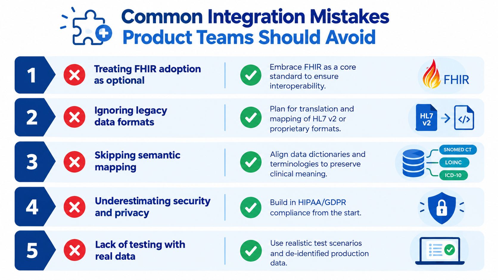 A chart illustrating five common integration mistakes product teams in healthtech should avoid to ensure interoperability.