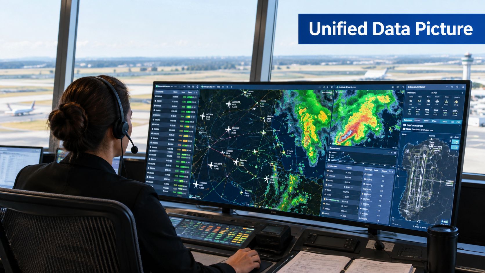 An air traffic controller working at a station monitoring flight paths and weather data on large screens.