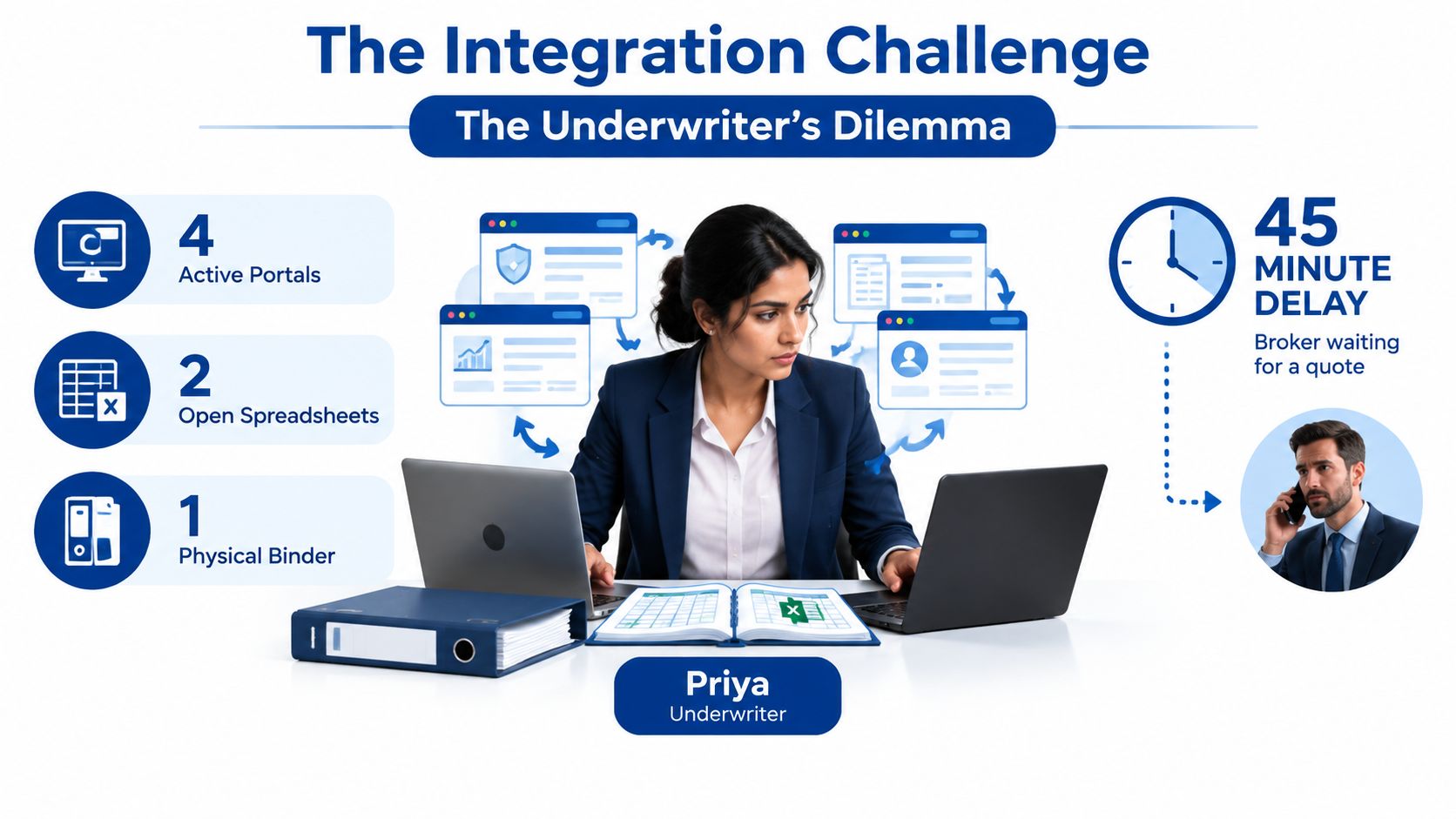 An underwriter named Priya working with multiple digital portals and spreadsheets while facing a long quote delay.