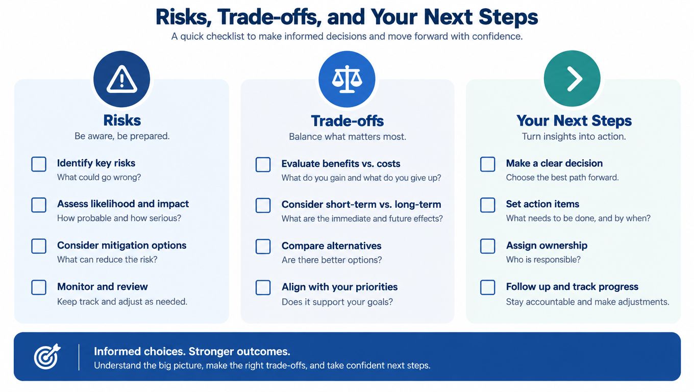 A checklist titled Risks, Trade-offs, and Your Next Steps for making informed business decisions.
