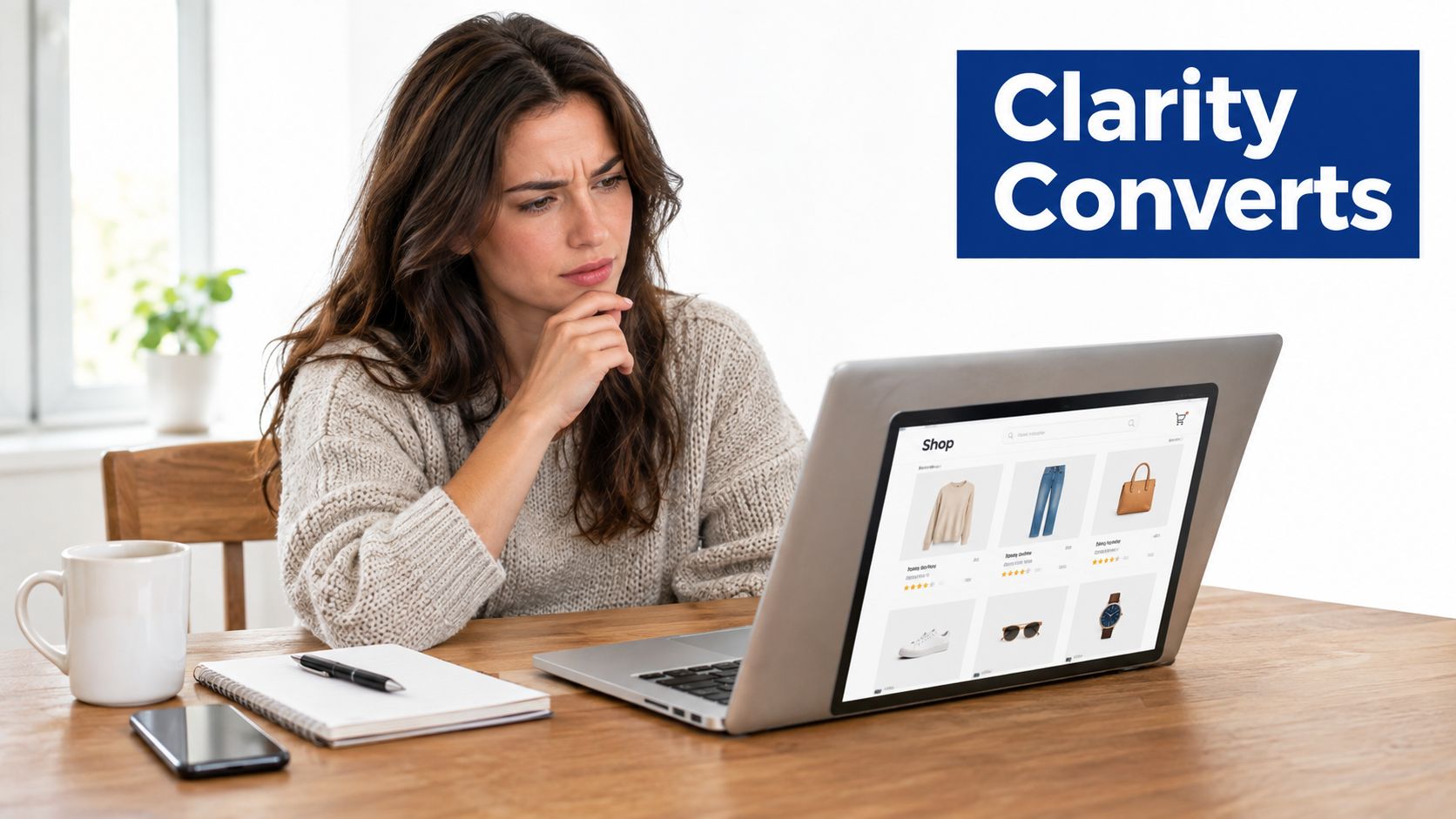 A woman looks concerned while browsing an online store on her laptop at a desk.