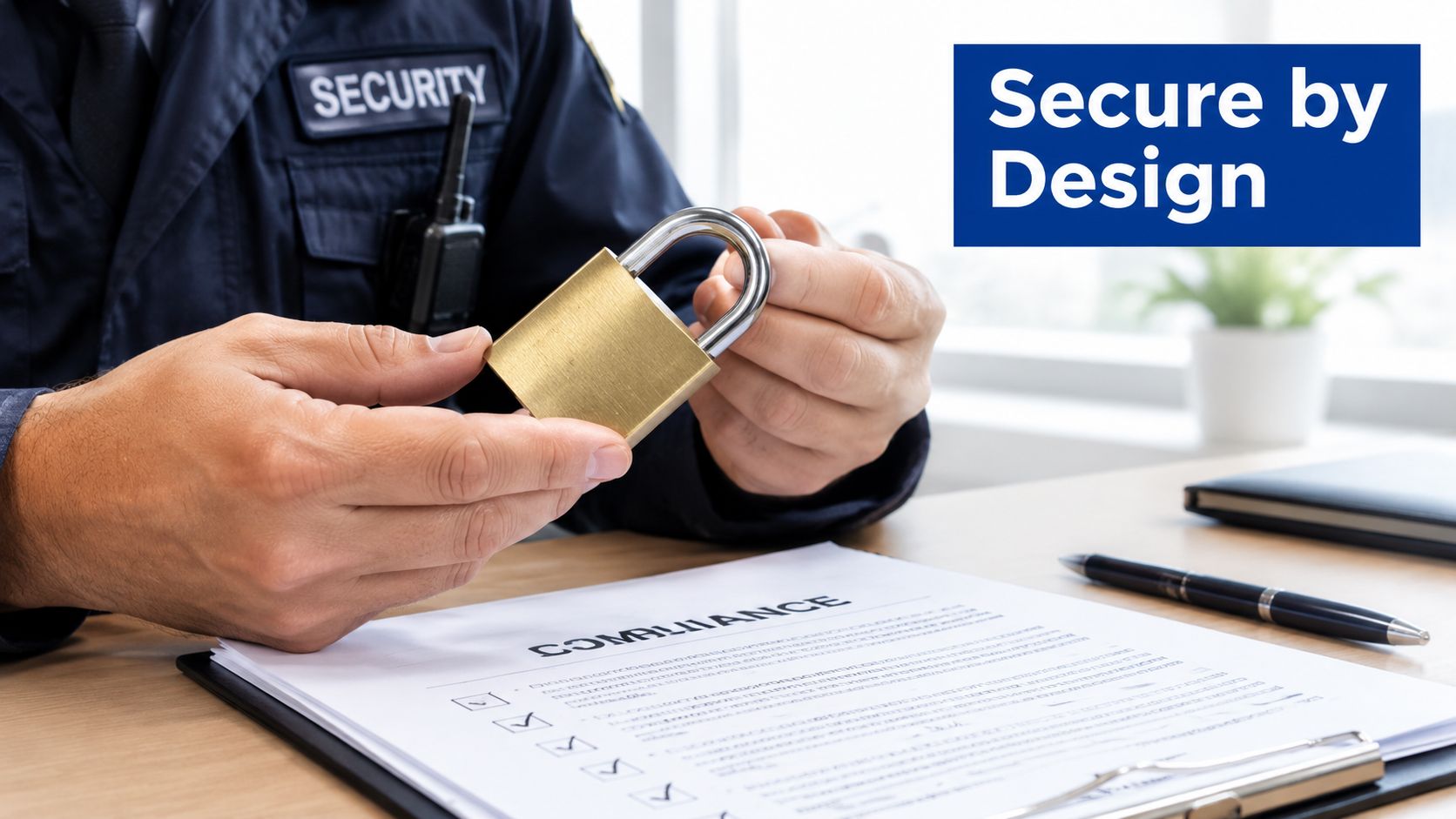 A security professional holding a padlock over a compliance document with the text Secure by Design.