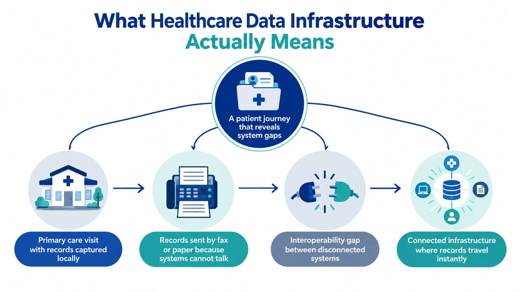 A diagram illustrating the transformation of healthcare data infrastructure from fragmented manual processes to a connected digital system.