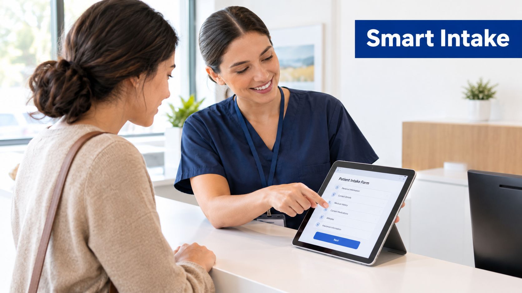 A healthcare worker helping a patient complete a digital patient intake form on a tablet at reception.