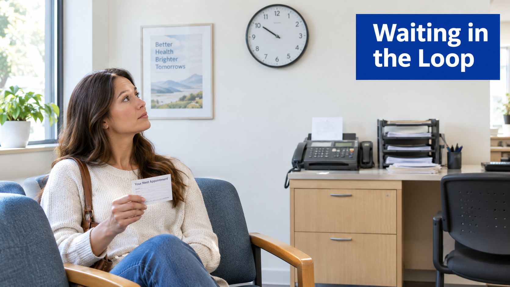 A woman sits in a medical office waiting area holding a blank appointment card while looking up.