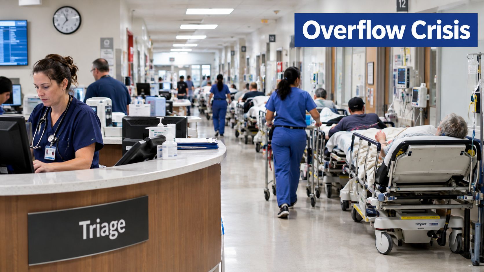 A busy hospital triage area with medical staff caring for patients in beds along the hallway.