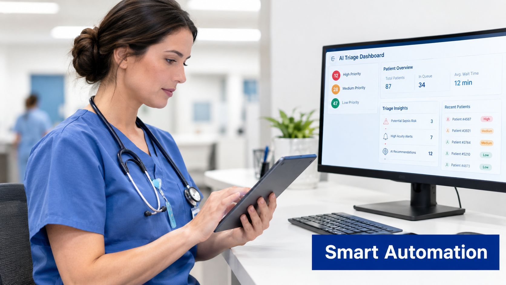 A healthcare professional analyzing an AI triage dashboard on a tablet and computer screen for medical management.