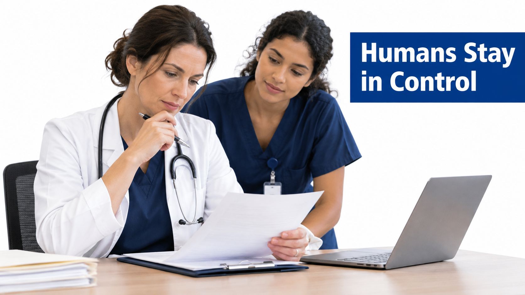 A female doctor reviewing medical documents with a nurse, with a laptop nearby and text Humans Stay in Control.