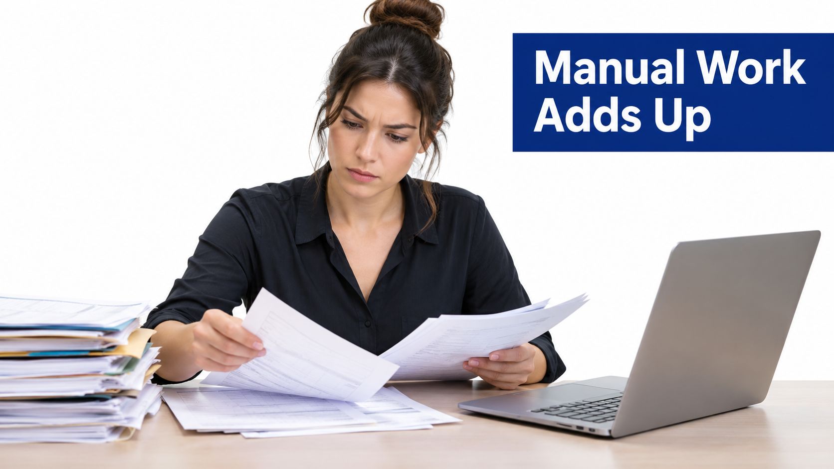 A focused young professional woman working with a large stack of paper documents next to a laptop.