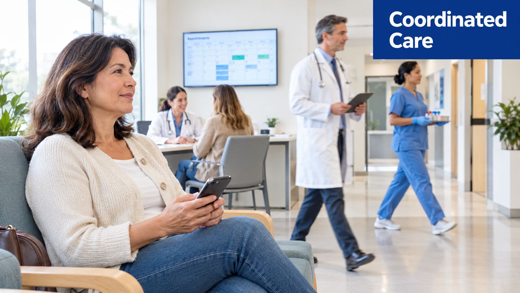 A woman sits in a medical waiting room using her phone as staff interact in the background.