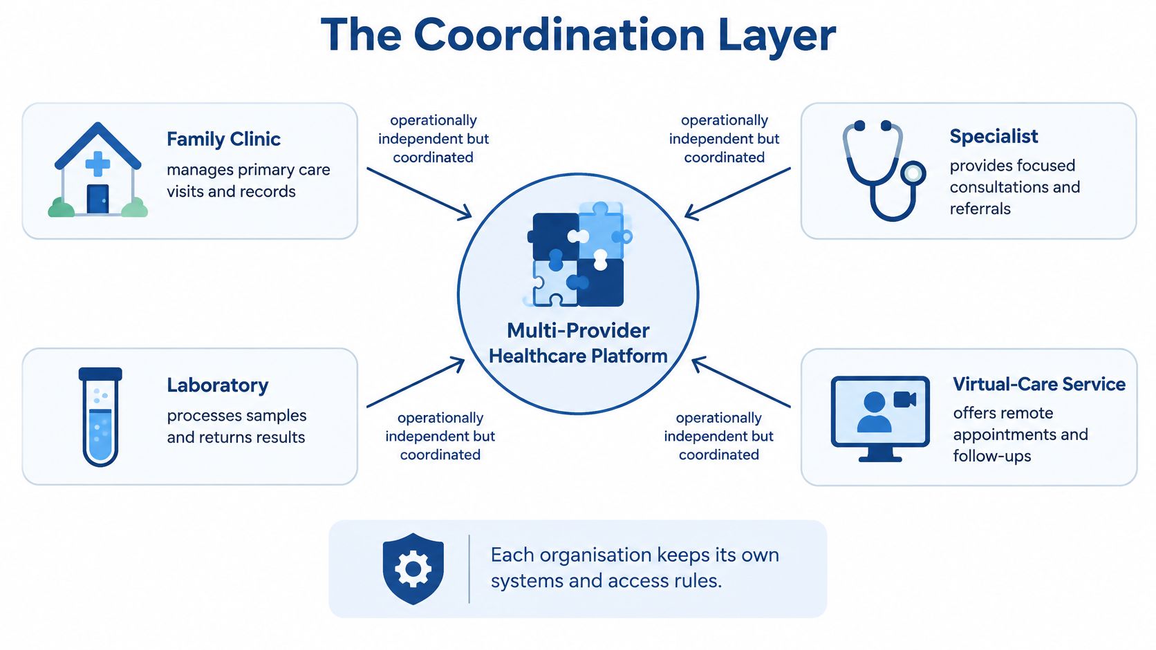 A diagram illustrating a multi-provider healthcare platform coordinating services between clinics, laboratories, specialists, and virtual care.