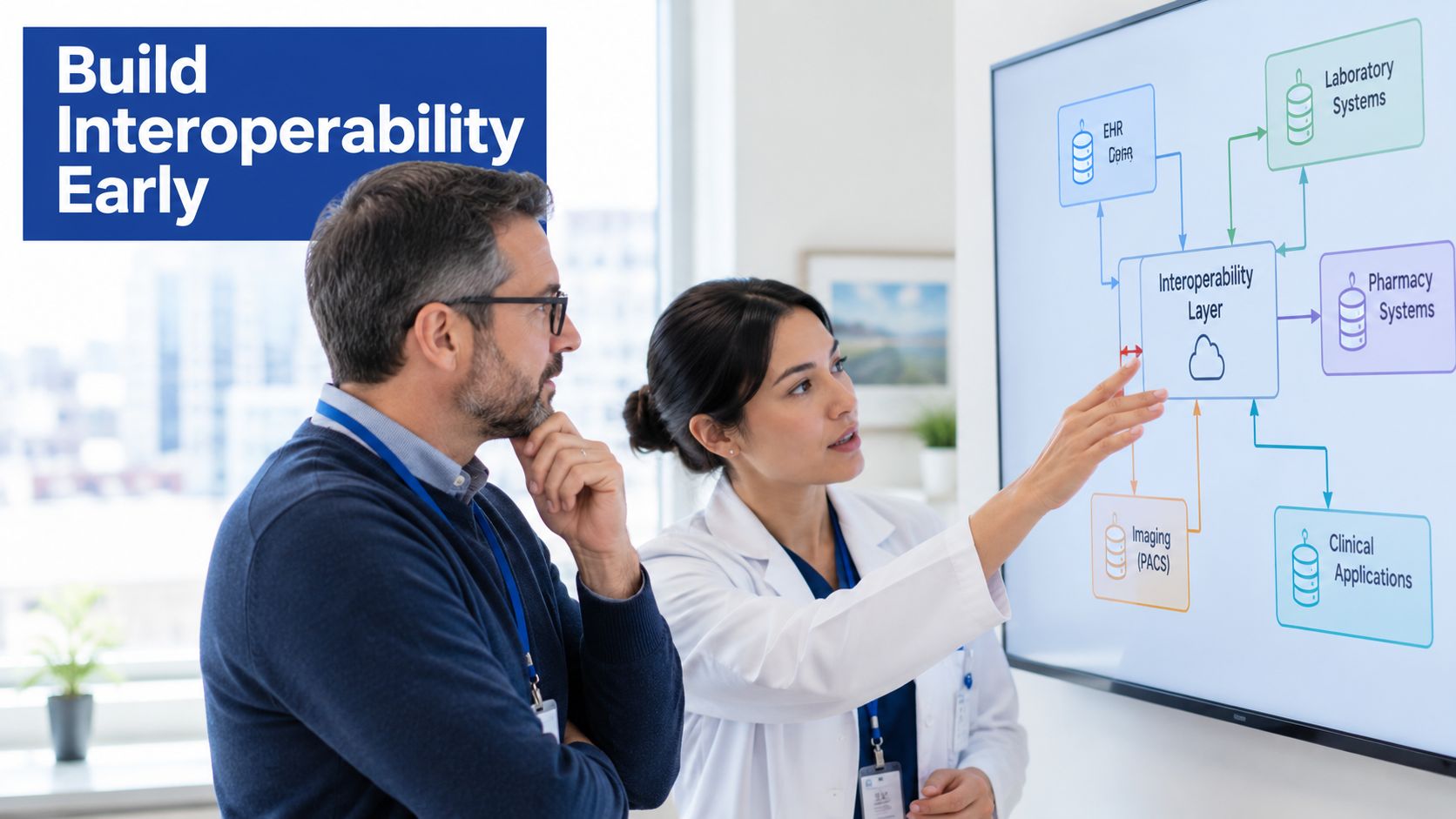 A male colleague and a female doctor reviewing a diagram about interoperability on a digital screen.