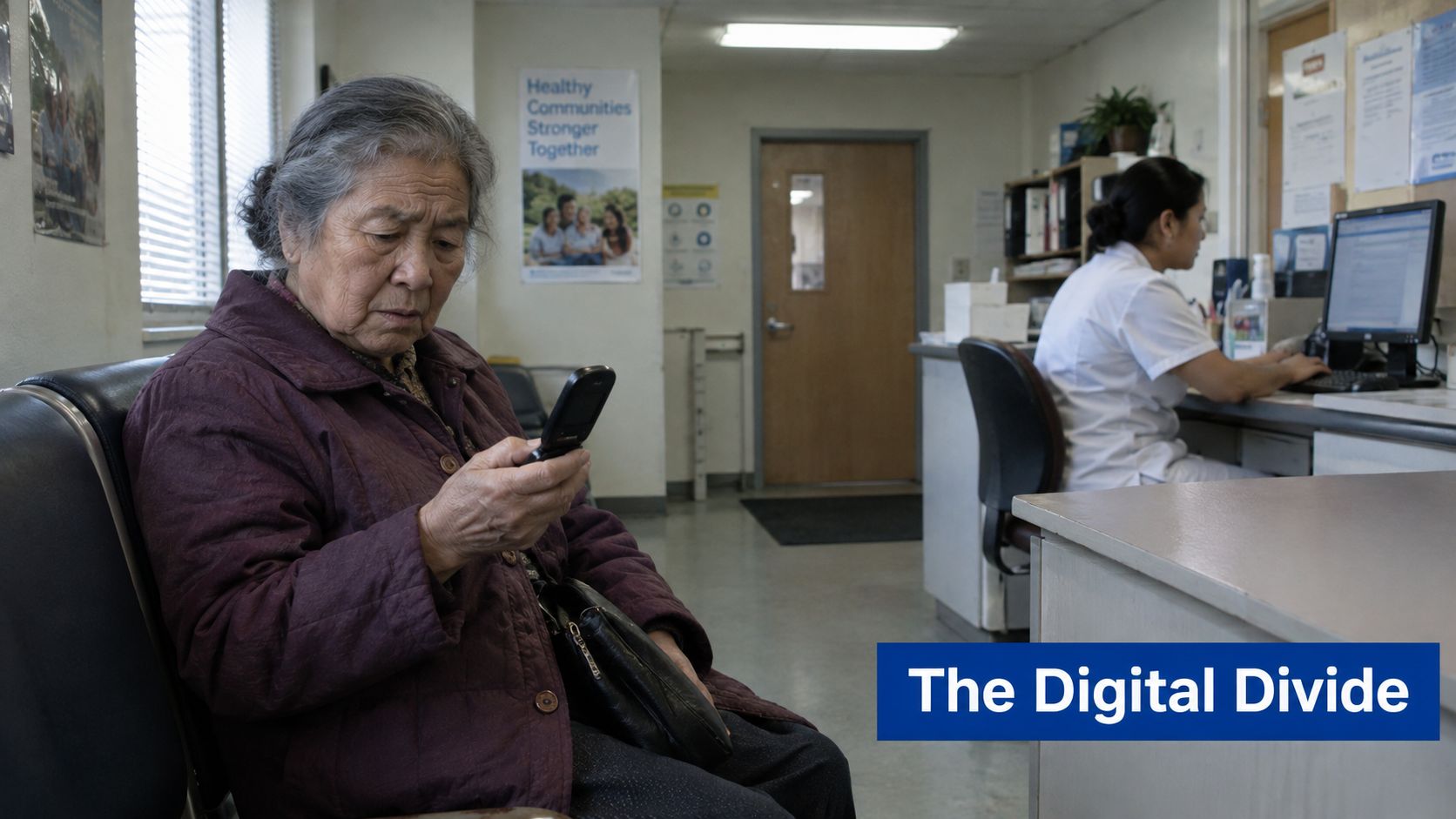 An elderly woman sits in a medical clinic lobby looking at her old-fashioned flip phone.